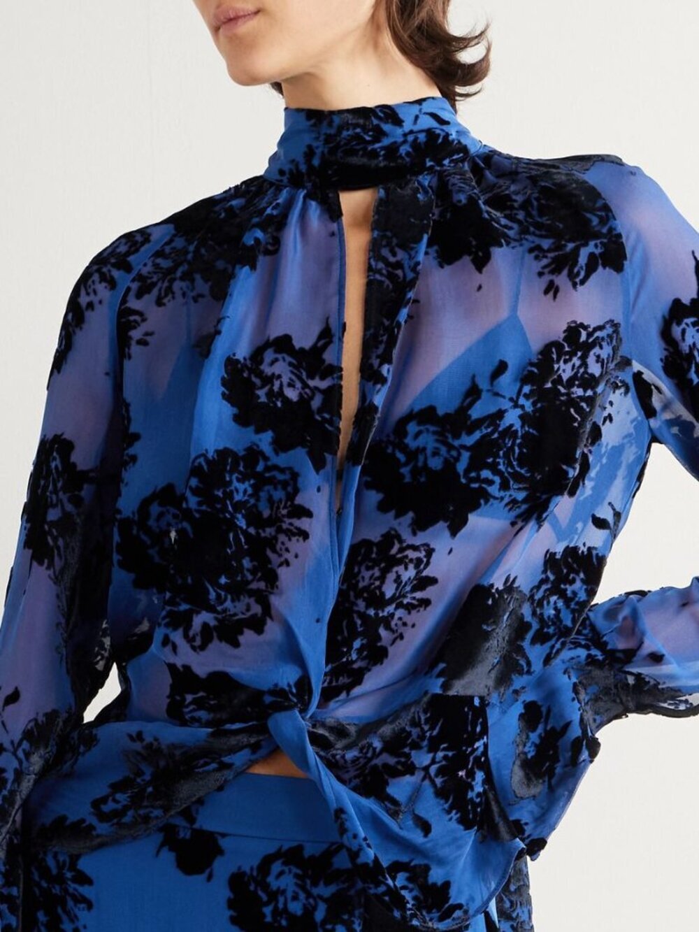 Nina Ricci NWT Blue Sheer Floral Tie-Back Blouse